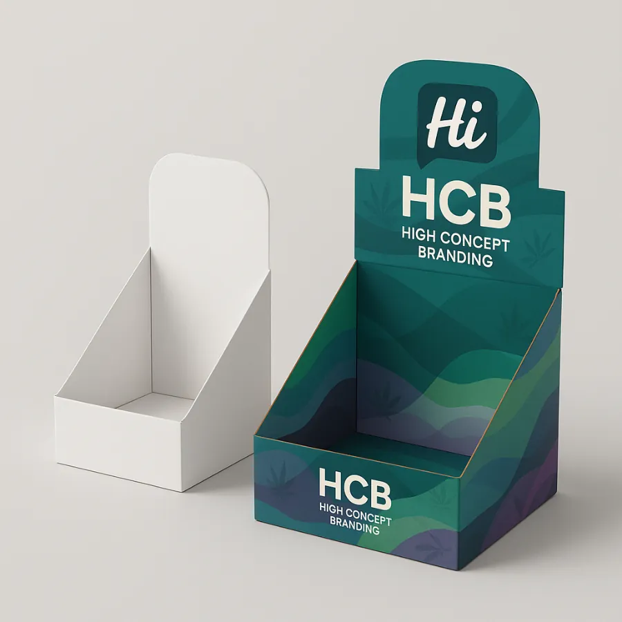 Custom retail point of sale displays- one plain white- one branded with -HCB- logo- class=